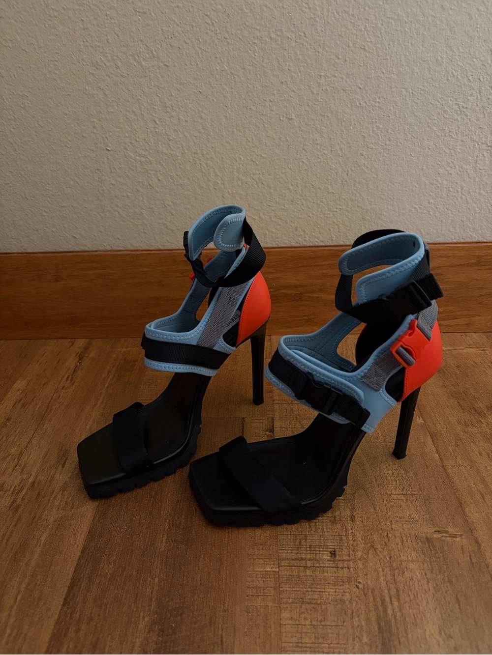 Steve Madden Black, Sky Blue & Coral High Heel Sport Sandals